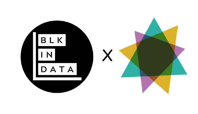 photo of BlackInData logo (black barchart with the words BlkInData) x DataVizSociety logo which has triangle shapes